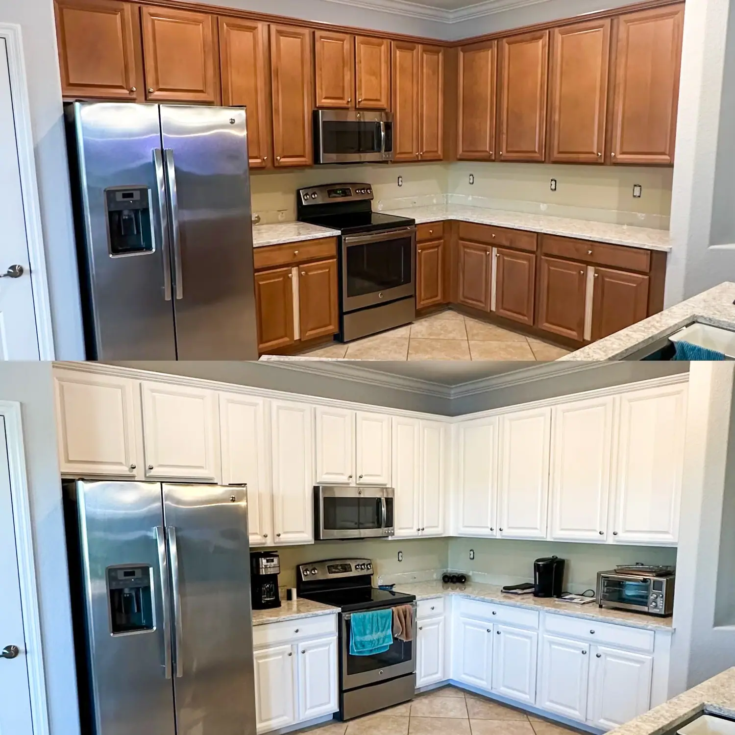 Stained cabinets transformed to bright white by Sarasota cabinet painters