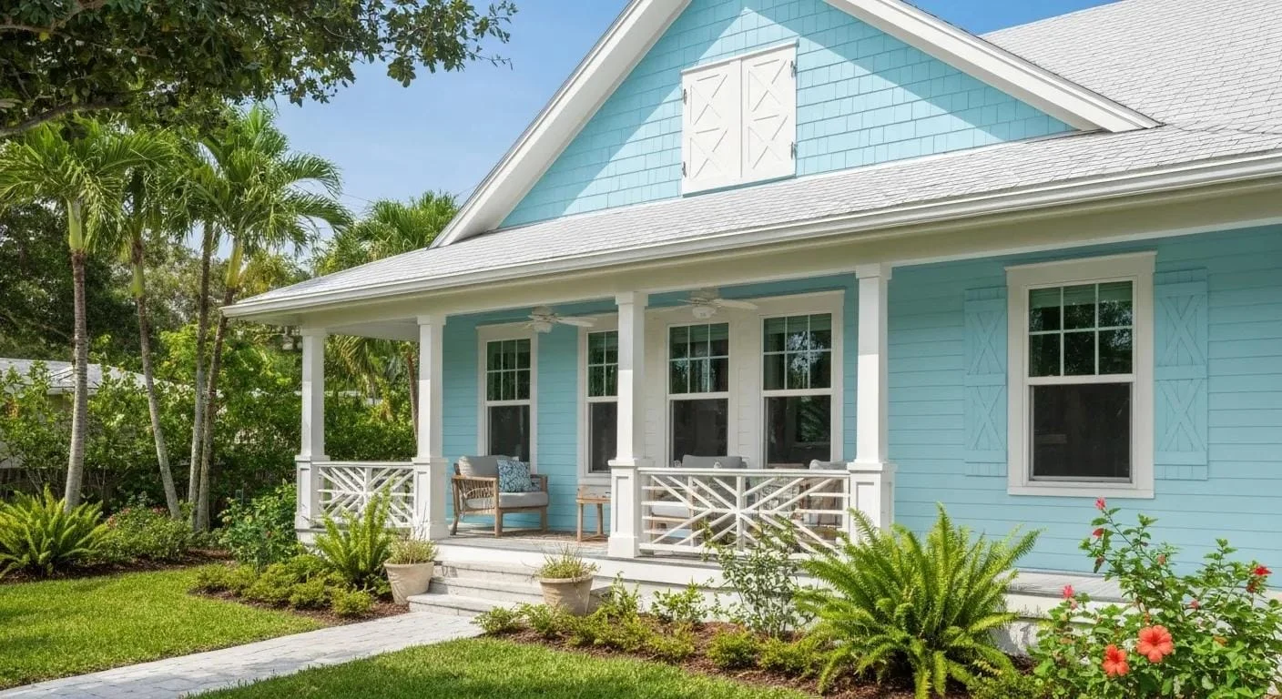 Freshly painted coastal Sarasota home exterior with teal door