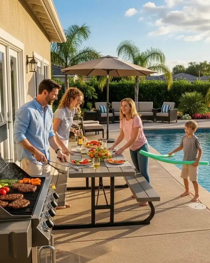Sarasota family relaxing on a newly coated patio after a Grove Street Painting project
