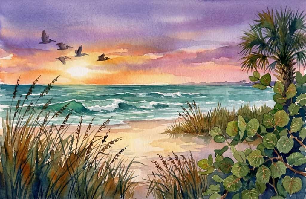 Watercolor sunset over Siesta Key beach and Gulf waters