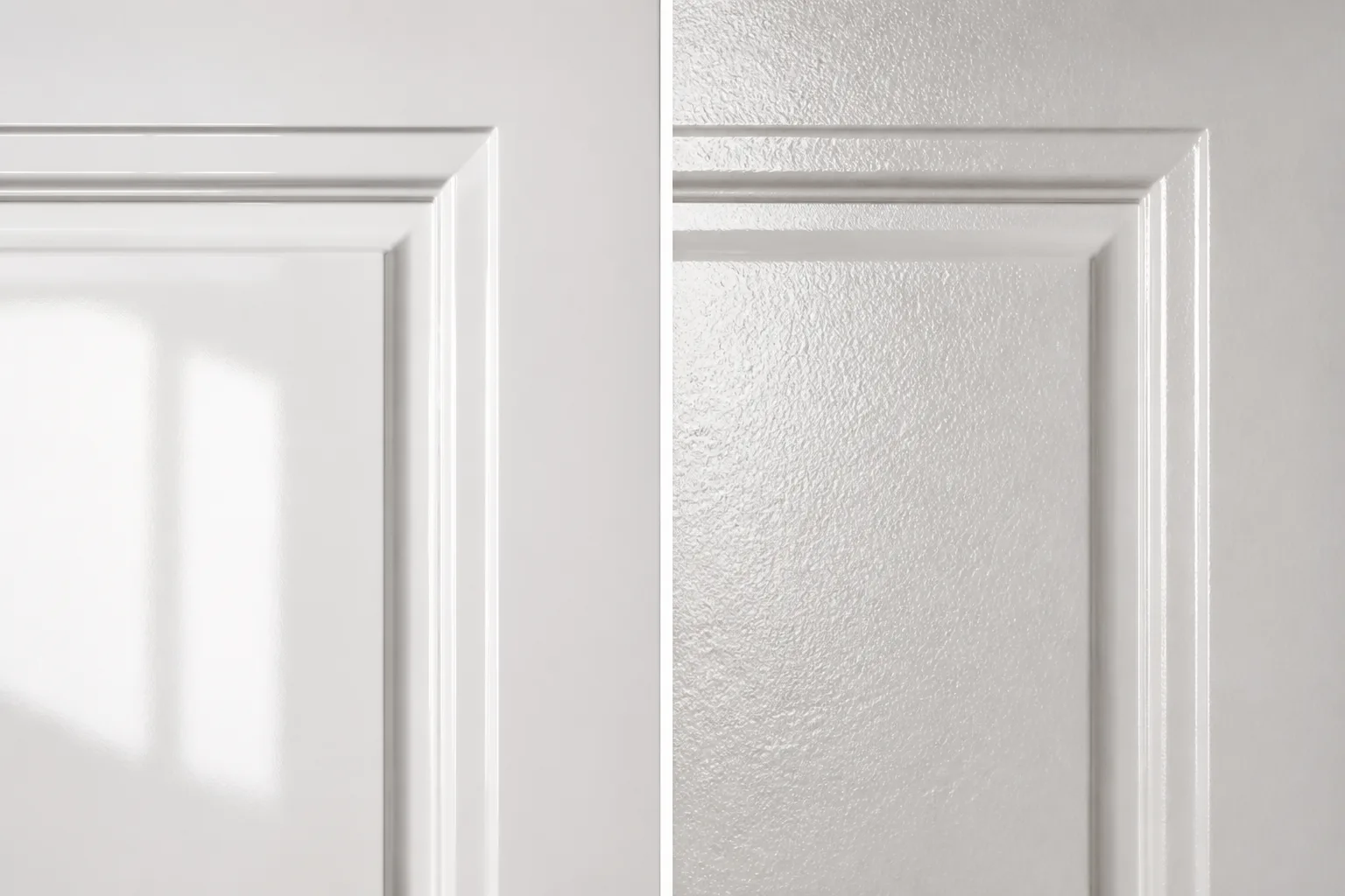 Split close up of white cabinet doors, showing a glass smooth sprayed finish on the left and fine orange peel texture on the right