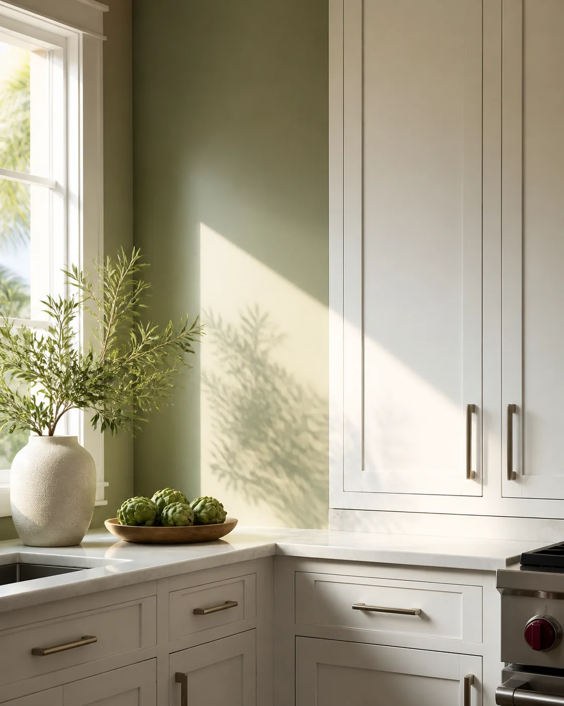 Sage green kitchen wall beside white shaker cabinets, lighter in daylight and cooler in the shadowed corner