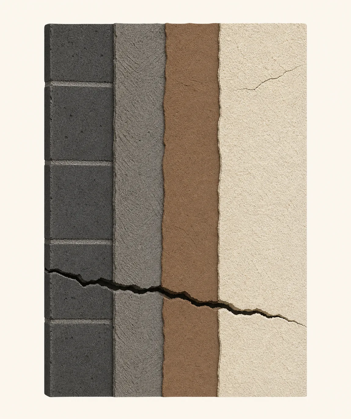 Cutaway illustration of a stucco wall with a shallow hairline crack in the finish coat and a wide crack that reaches the concrete block