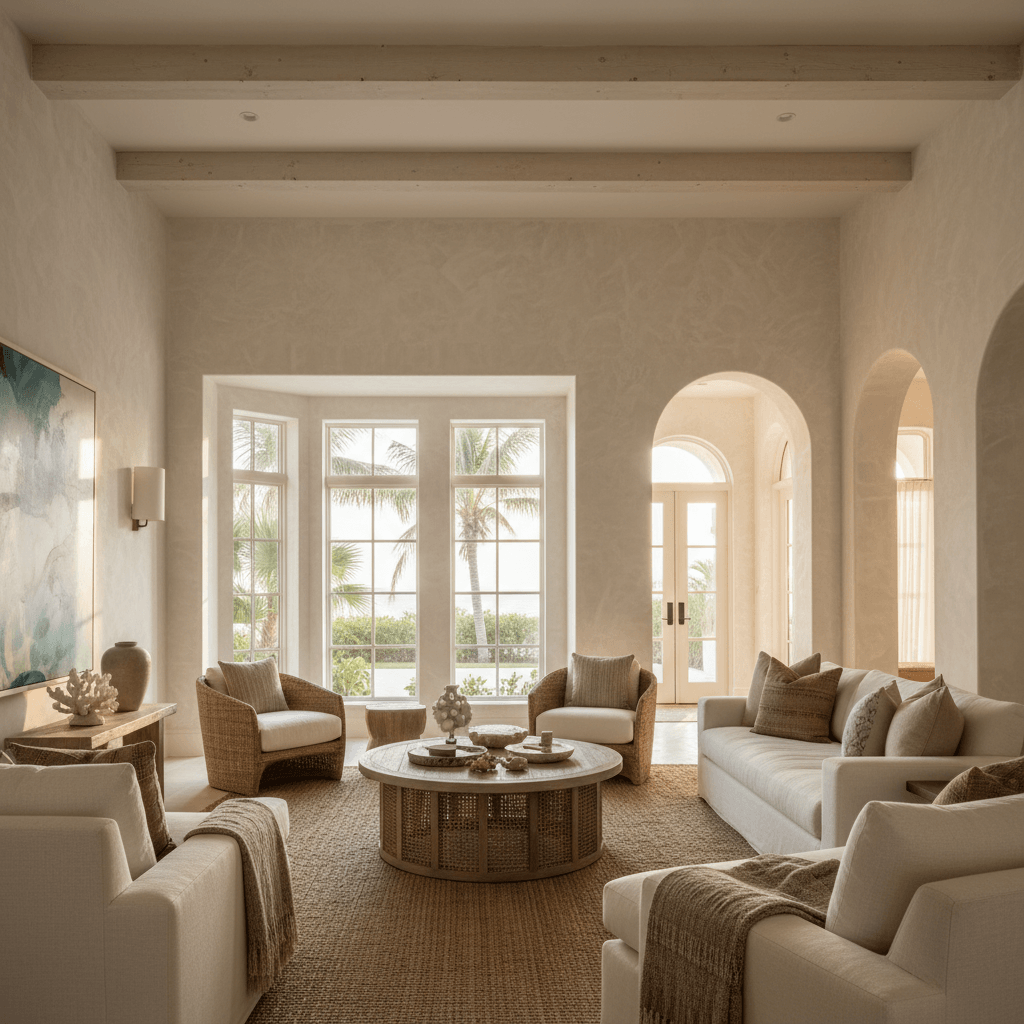 Luxury Florida living room with soft white limewash walls and Mediterranean coastal style