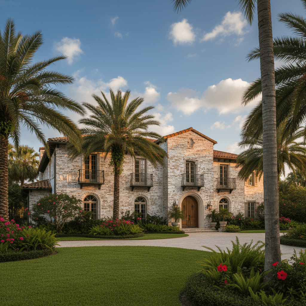 Exterior brick home with white limewash finish in Florida with palm trees