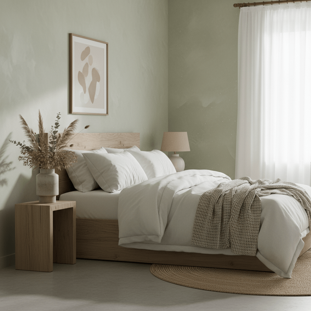 Serene bedroom with pale sage green limewash walls and European farmhouse aesthetic