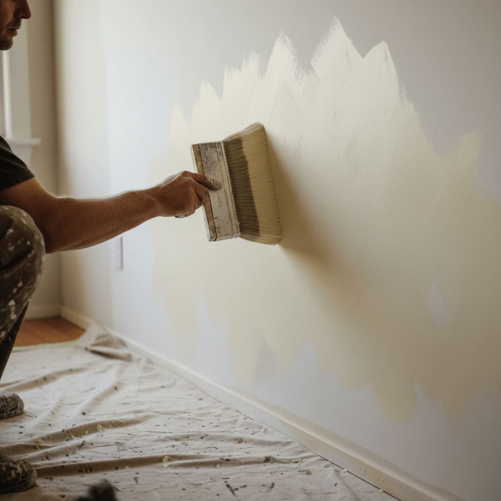 Professional painter applying limewash with brush in cross-hatch pattern