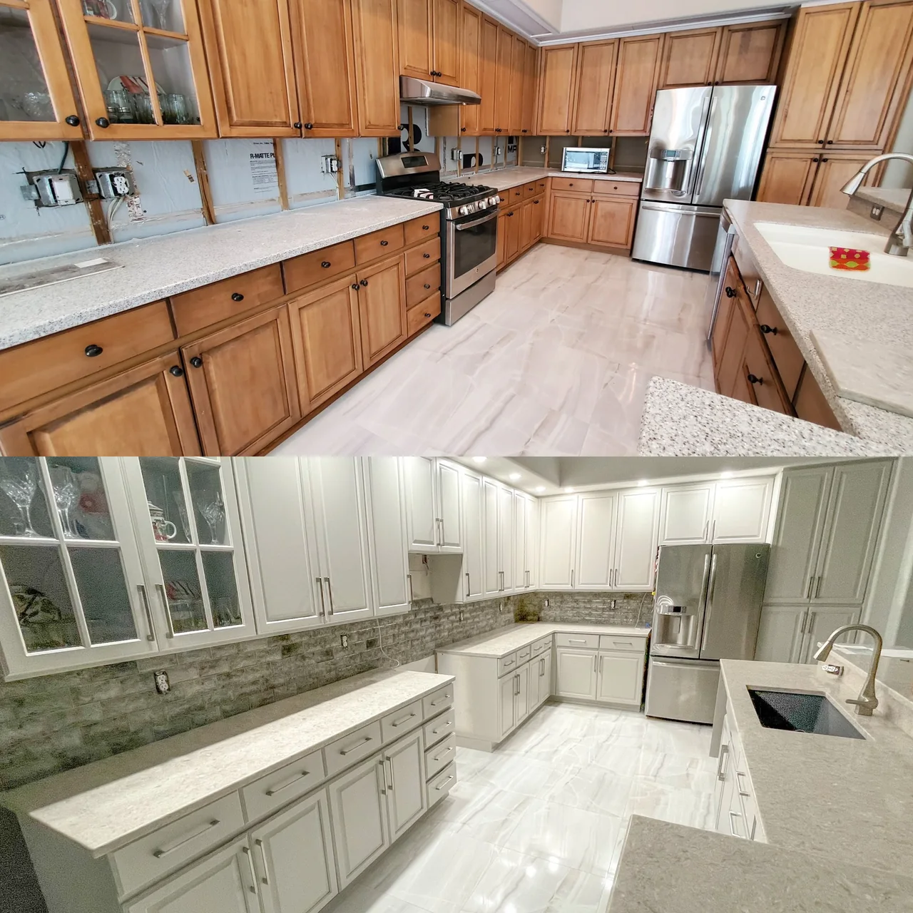 Kitchen before and after, honey oak cabinets refinished white in the same layout