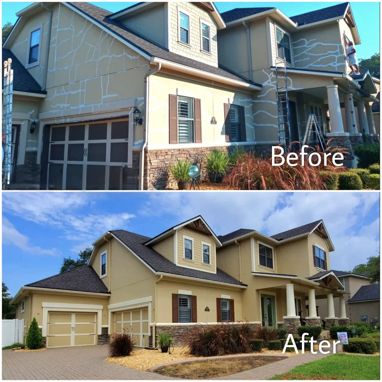Two-story stucco home before and after, with routed crack repairs on the walls and then the finished beige repaint