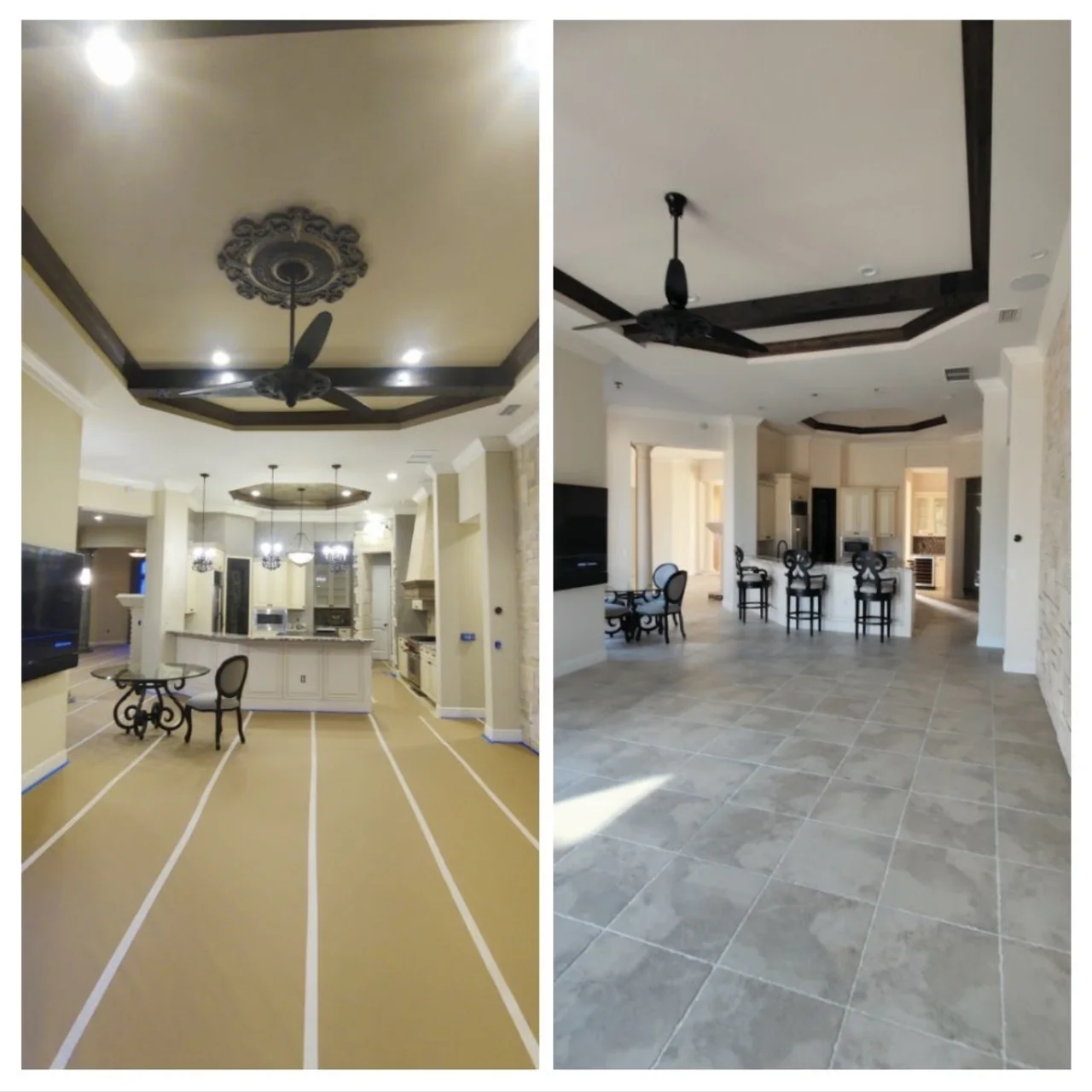 Great room before and after, with the floor masked for prep and then the finished tray ceiling and walls