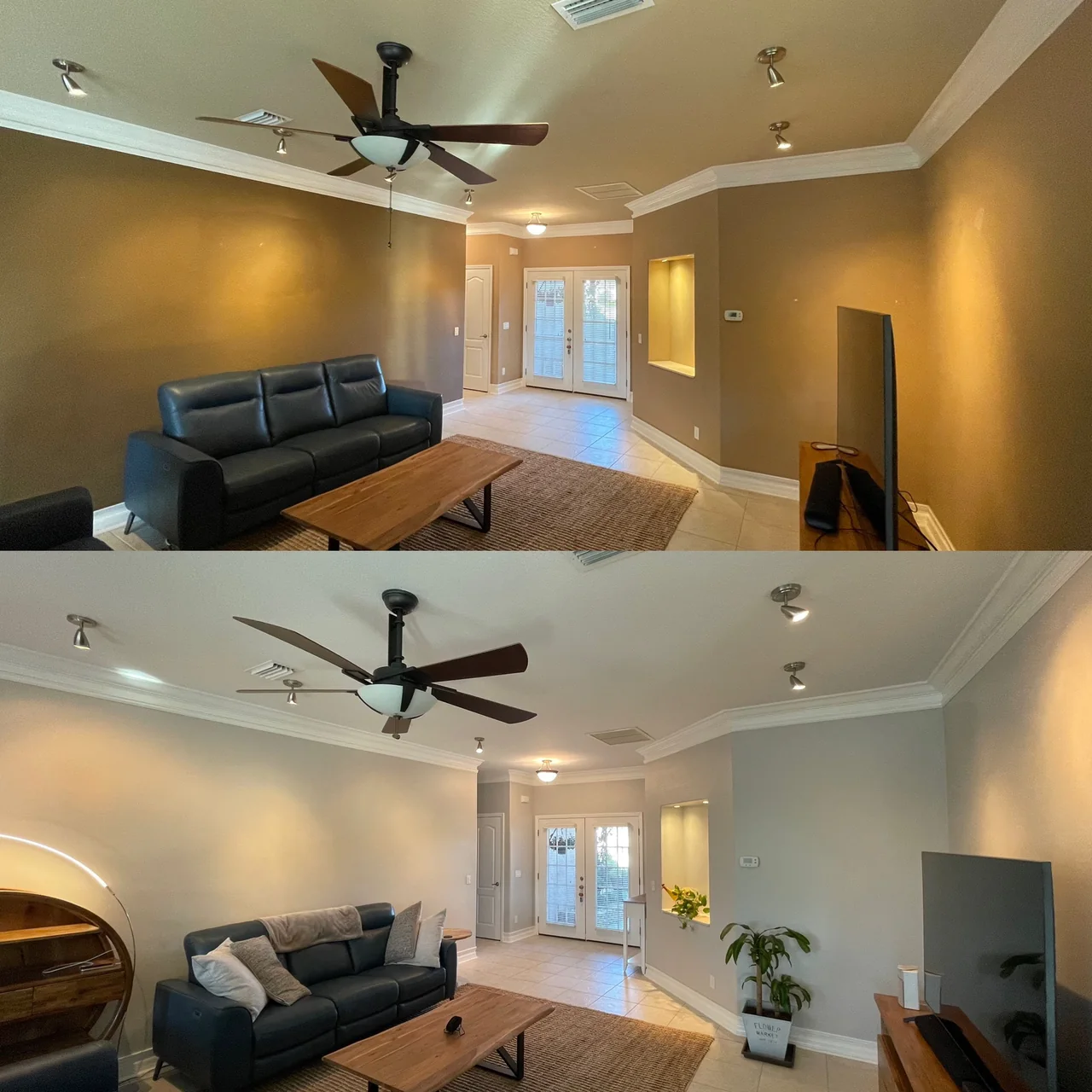 Living room before and after, tan walls repainted a light gray under white crown molding