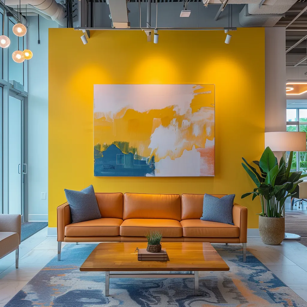 2025 Sarasota Florida Color Trends for Every Space a vibrant modern office space in sarasota, florida, showcases a dynamic color palette of warm yellows, deep blues, and soft pastels, reflecting the 2025 color trends in an innovative designer workspace.