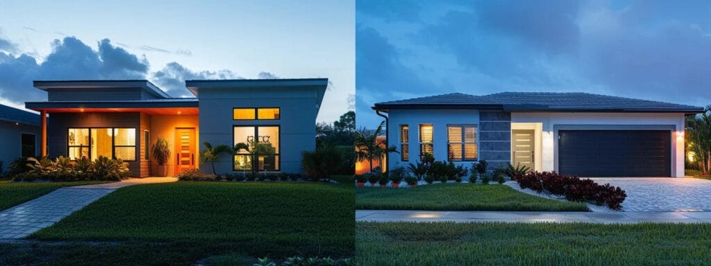 a striking scene of a modern coastal florida home showcasing vibrant, well-prepared exterior paint under bright artificial lighting, with a cheerful homeowner admiring the work of professional painters using innovative techniques and smart tools that enhance the house's curb appeal.