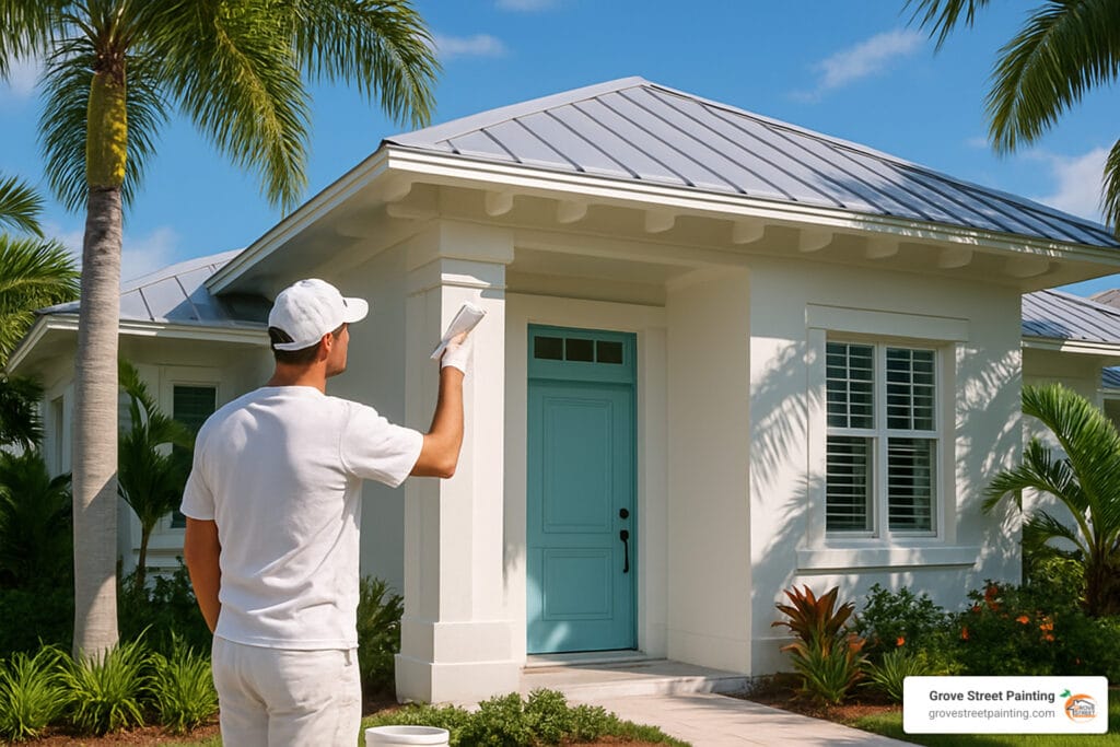 Exterior house painting in Sarasota, painter applying fresh coat to home with turquoise door, surrounded by palm trees and tropical landscaping, showcasing professional painting services by Grove Street Painting.
